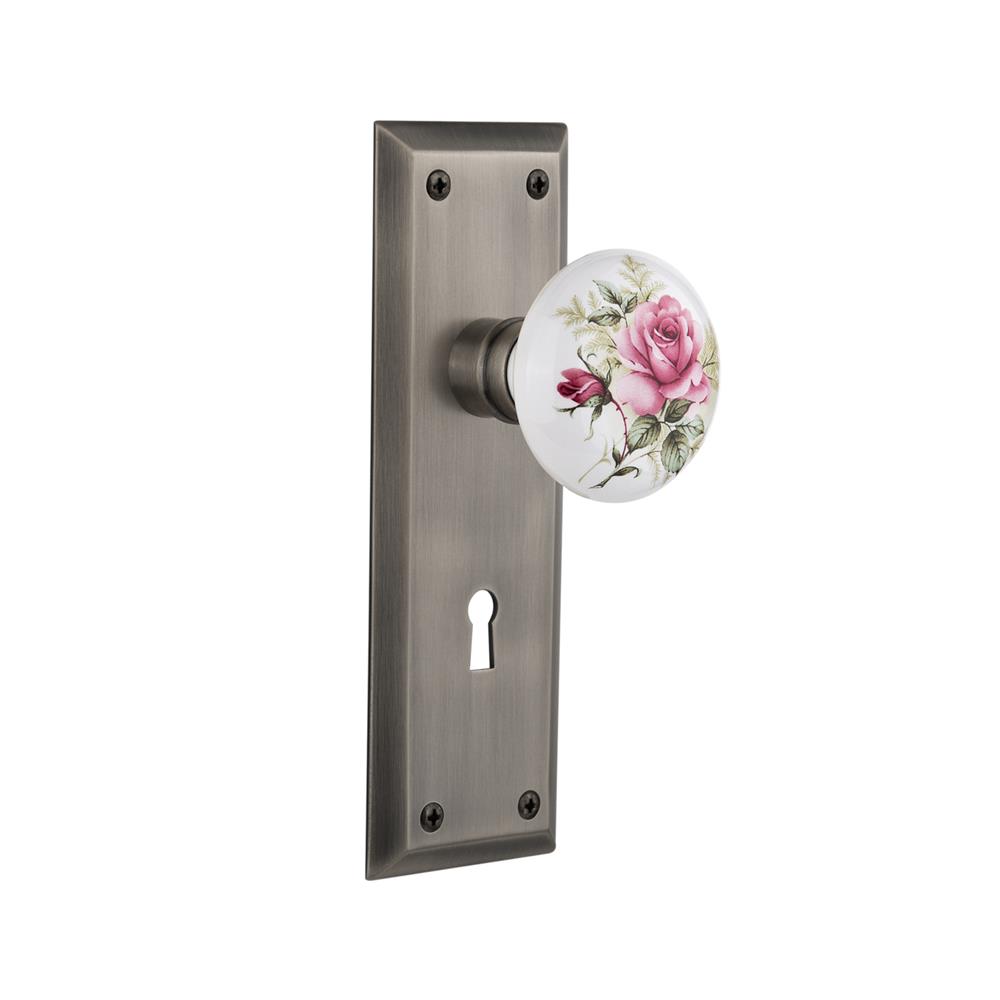 Nostalgic Warehouse NYKROS Mortise New York Plate with Rose Porcelain Knob with Keyhole in Antique Pewter